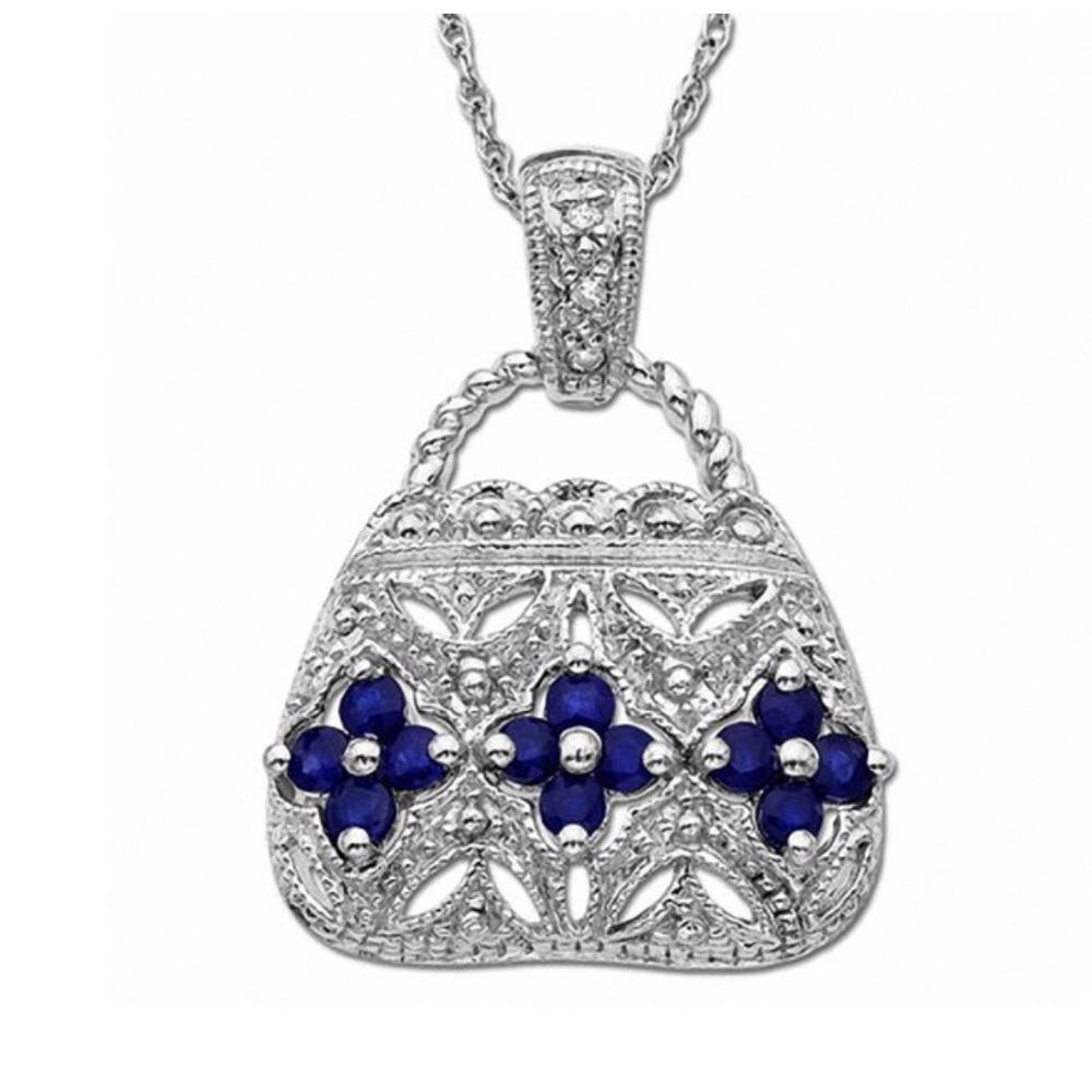Sapphire Pendant 10K White Gold w/ Diamond Accents